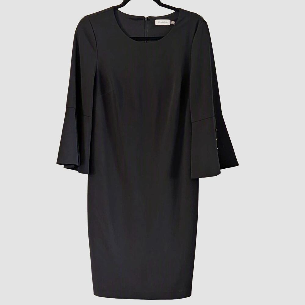 Calvin Klein Black Bell Sleeve Sheath Dress Size 4 Button Detail Lined
